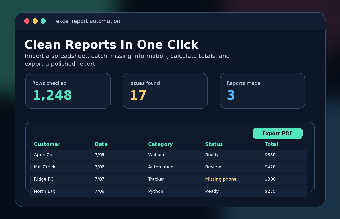 Detailed preview of a excel report automation interface