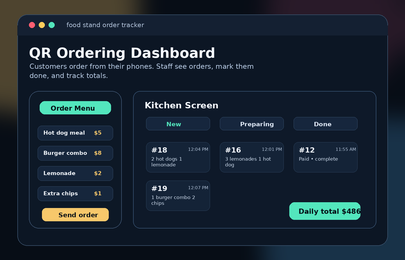 Detailed preview of a food stand order tracker interface